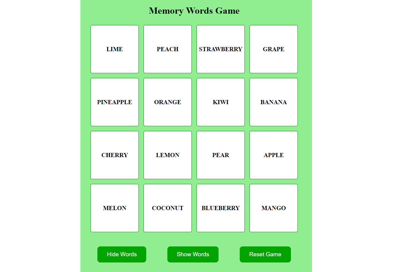 Image Memory Words Game